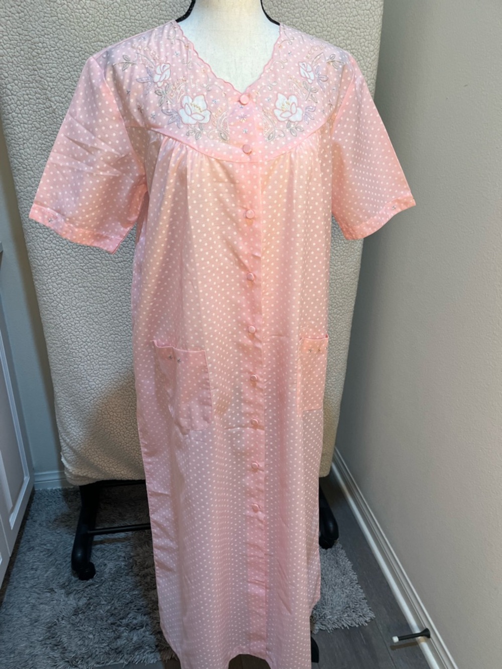 Vintage Lily Pastel Pink Polka-Dot Button-Front Nightgown with Embroidered Yoke